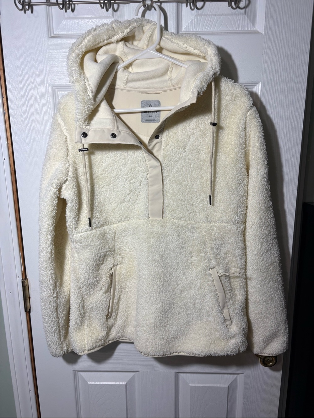 Ascend Ivory Sherpa Hoodie with Brown Leather Patch